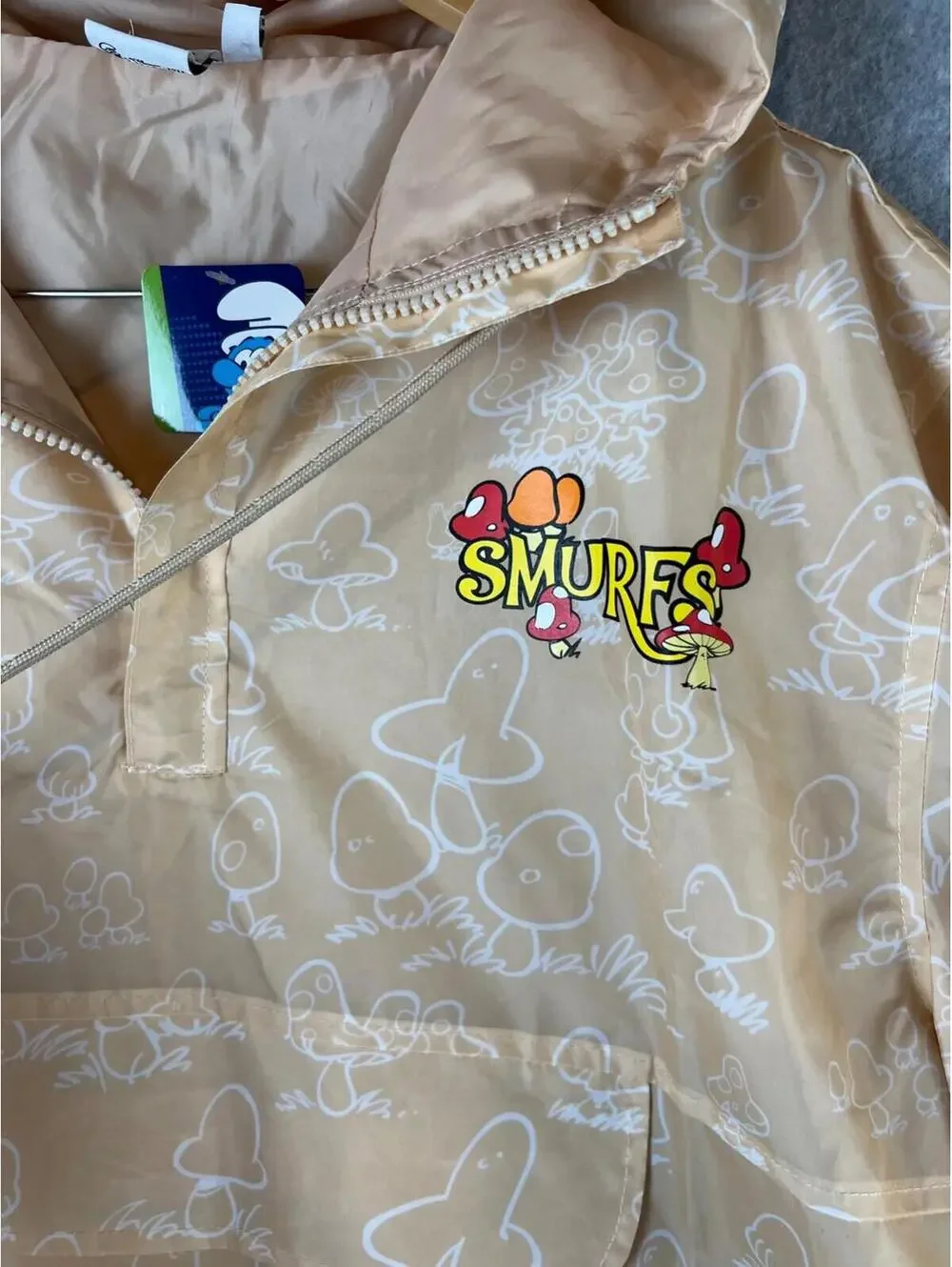 The Smurfs Mens Windbreaker Jacket Pullover Hooded Mushrooms Smurfs Size Large